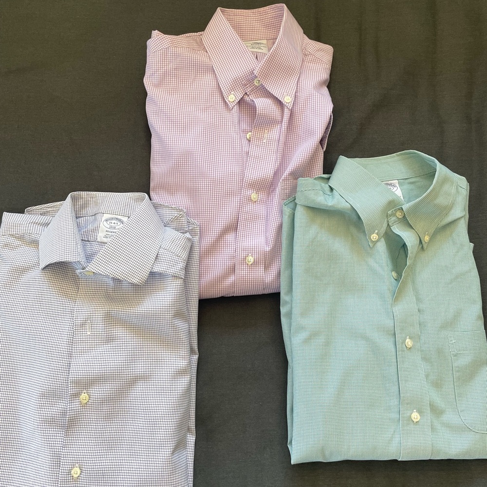 Three Brooks Brothers Dress shirts. Green, Blue, Purple
